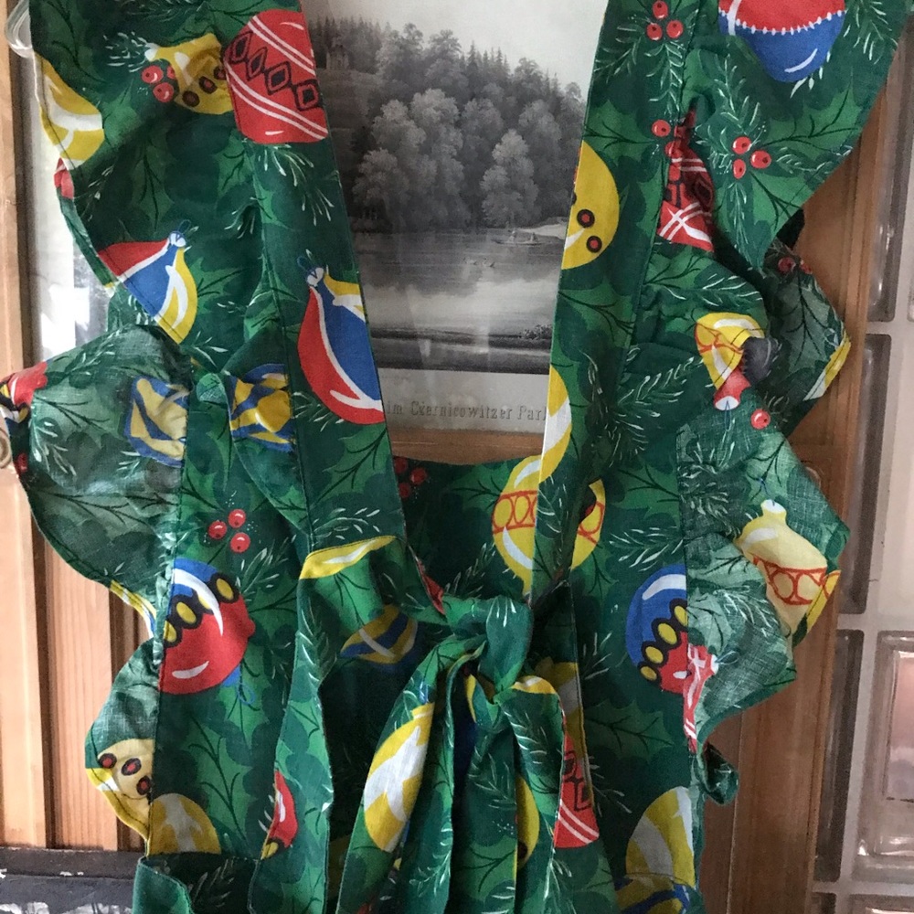 Ruffle Holiday Apron 50” long ruffle shoulders tie back On Sale